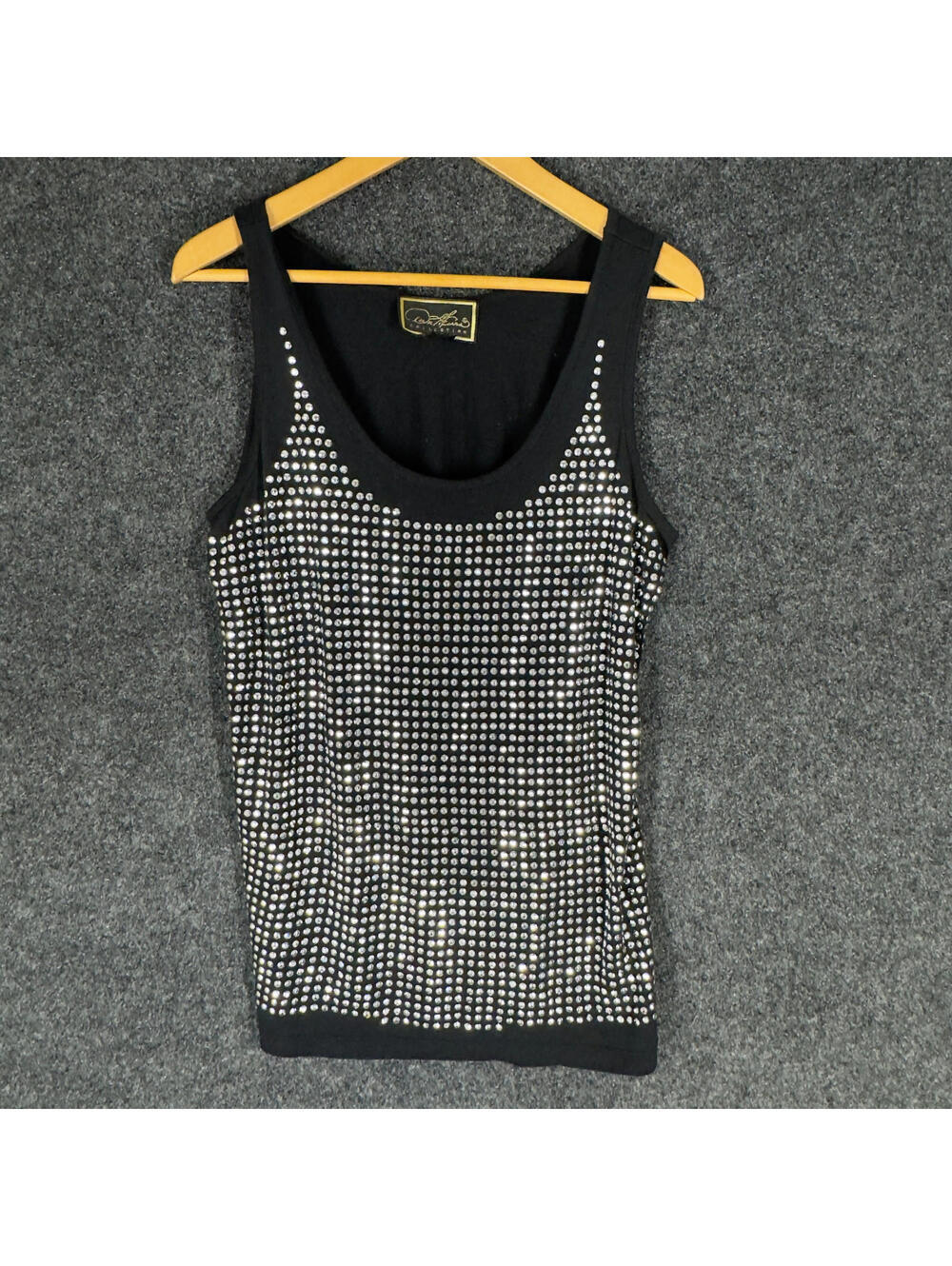 Diane Gilman Blouse Women M Medium Black Rhinestone Sleeveless Wide Strap Casual
